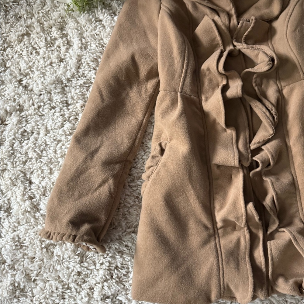 Jolt Camel Ruffle Front Trench Coat - Picture 5 of 8